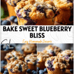 Freshly baked blueberry crumble muffins on a wooden board surrounded by blueberries and Baking Sweets ingredients.